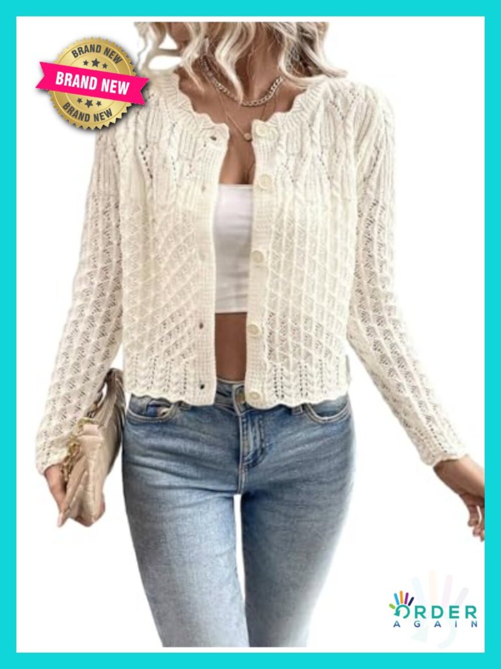 Women's Cropped Knit Cardigan Scalloped Button Down Sweater